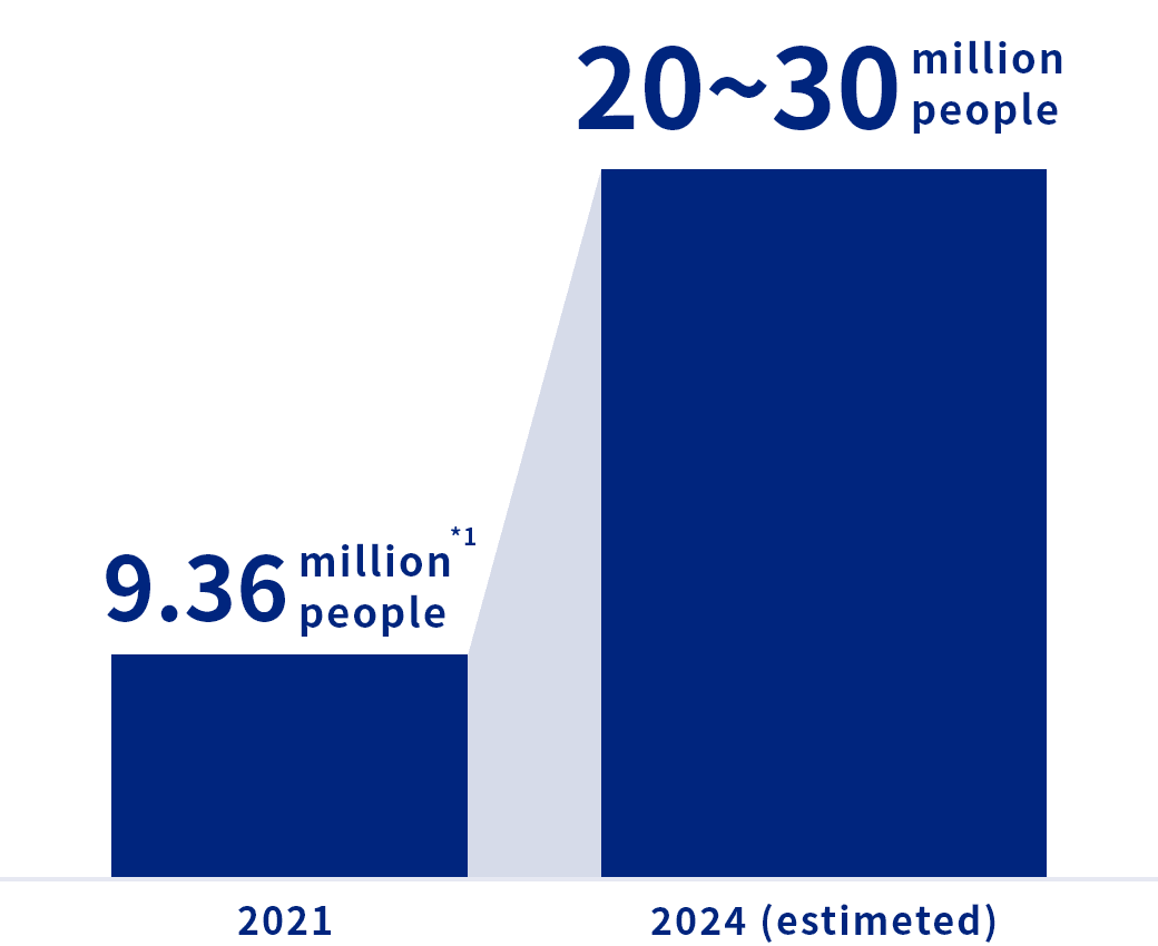 2021:9.36 million people 2024 (estimeted):20~30 million people